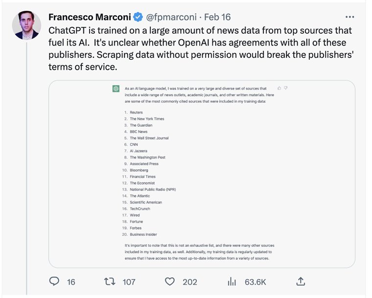 오픈AI가 챗GPT 구축에 사용한 뉴스 데이터 출처. 다수의 유력 언론사가 포함돼 있다.