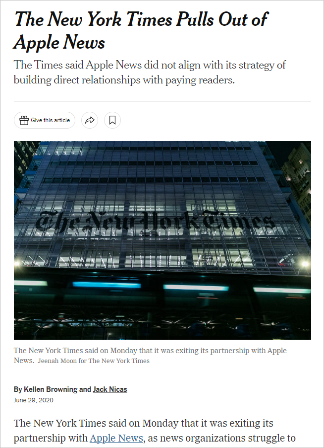 뉴욕타임스 애플뉴스 파트너십 종료