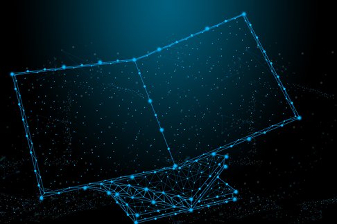 book-pc-tablet-low-poly-wireframe-online-education-blue-background-concept-with-opened-book-digital-illustration-online-reading-courses-abstract-polygonal-image-notebook-pc